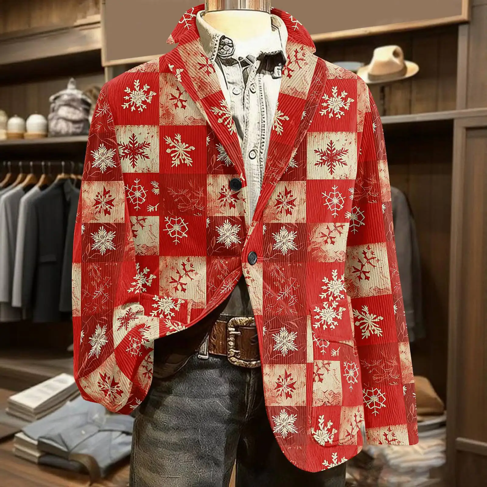 

Blazer Men Christmas Snowflake Checkered Print Corduroy Jacket Fashion-Forward Men's Apparel Stylish Festive Leisure Blazer