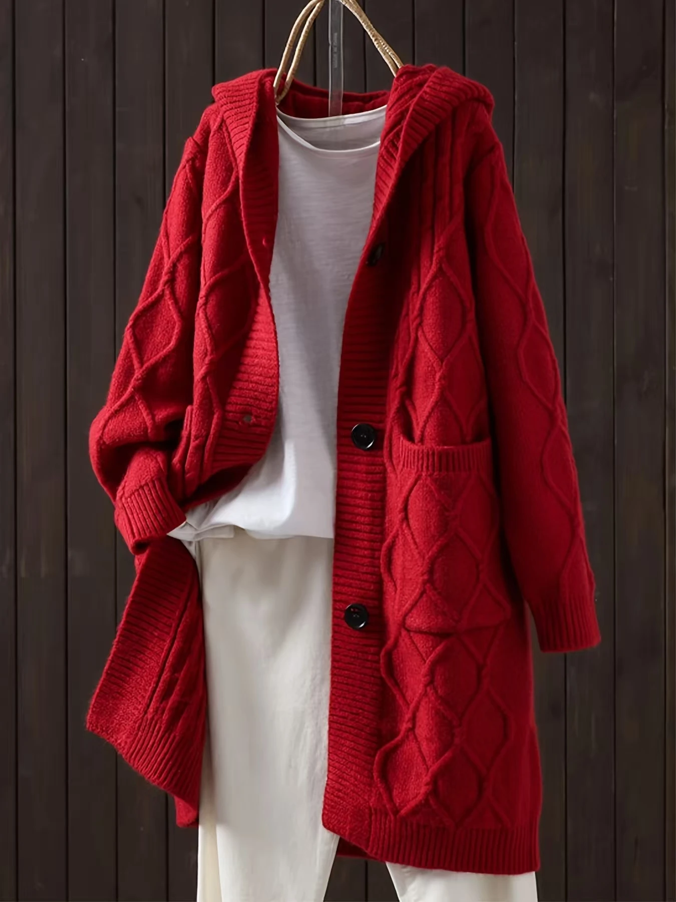 

Женский толстый текстурированный вязаный кардиган средней длины с капюшоном больших размеров, осенне-зимнее новое свободное верхнее пальто с однорядом, но