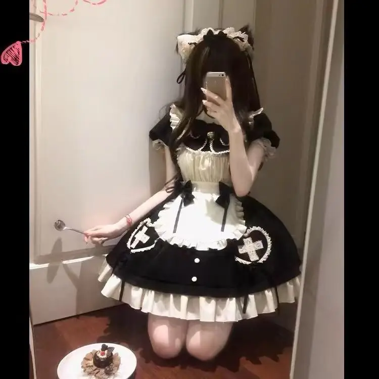 Vintage Gothic Lolita Black Dress - Long Sleeve Lace Ruffled Skirt, Kawaii American Retro Style for Women