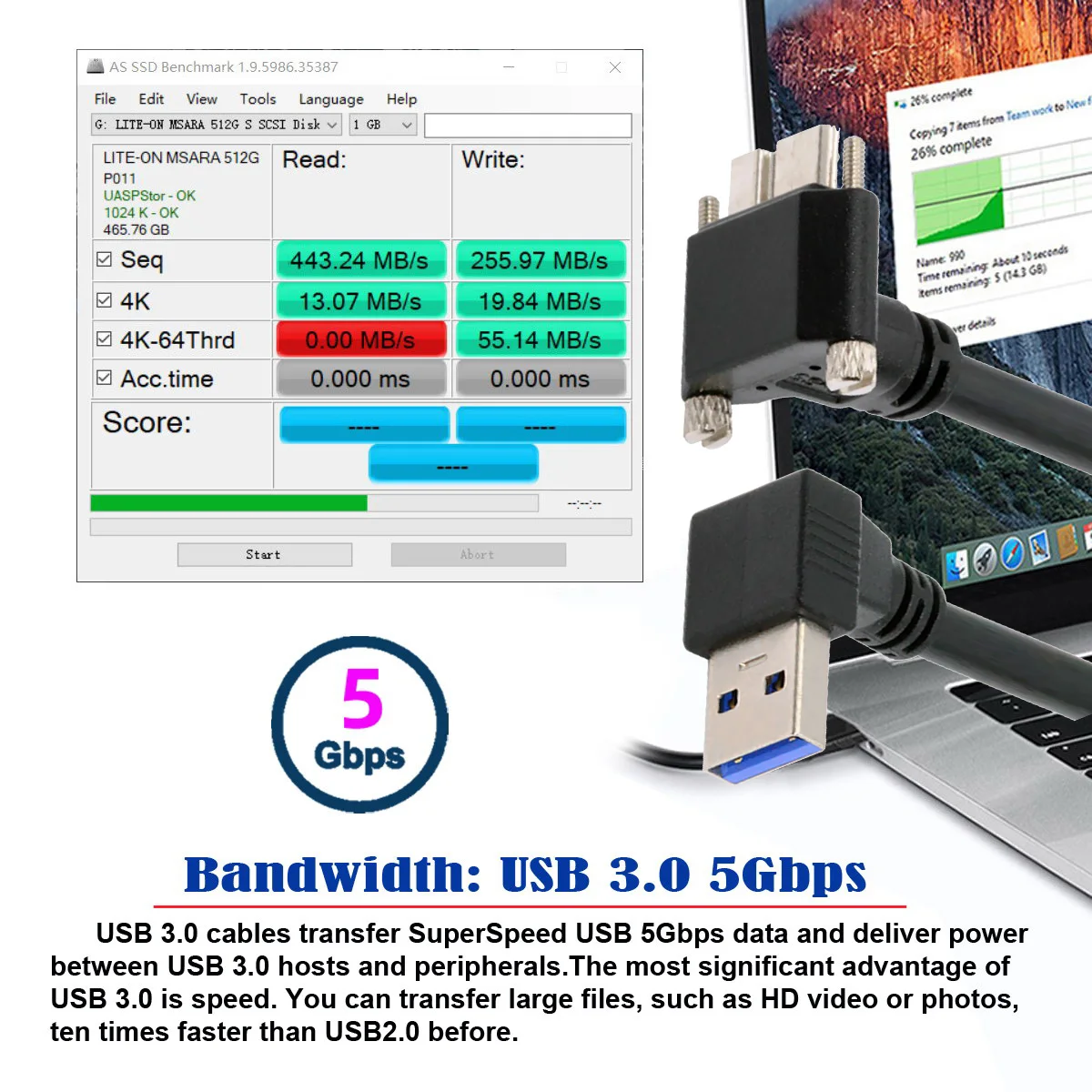 CableCC 90 Degree Up Down Angled USB 3.0 A Male to Micro-B Cable 25cm with Locking Screws for Disk Camera image 3