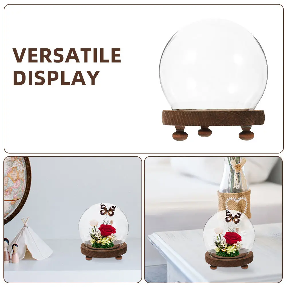Clear Glass Cloche Bell Jar Transparent Dome with Wood Base Display Case for Eternal Flowers Landscape Home Decoration