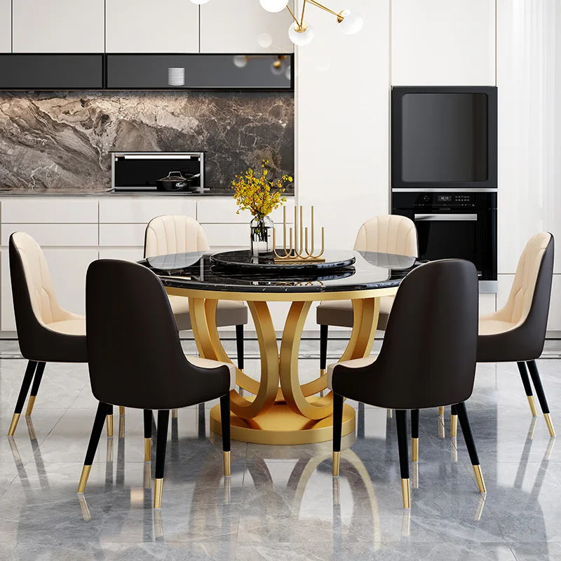 Leichter Luxus, Steinplatte, Esstisch, schlicht, modern, runder Tisch, Marmor, Edelstahlstuhl