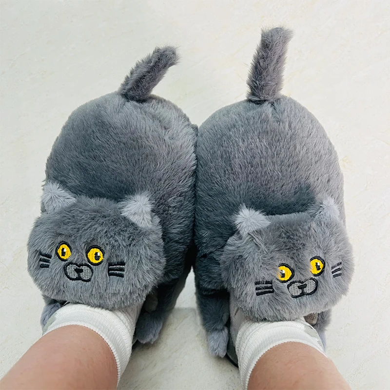Kuschelige Katzen-Hausschuhe für Damen, Winter, Pelz-Slides, Kawaii-Bodenschuhe, flauschige Hausschuhe, Mädchen-Kätzchen-Mules, lustige, süße Geschenk-Hausschuhe