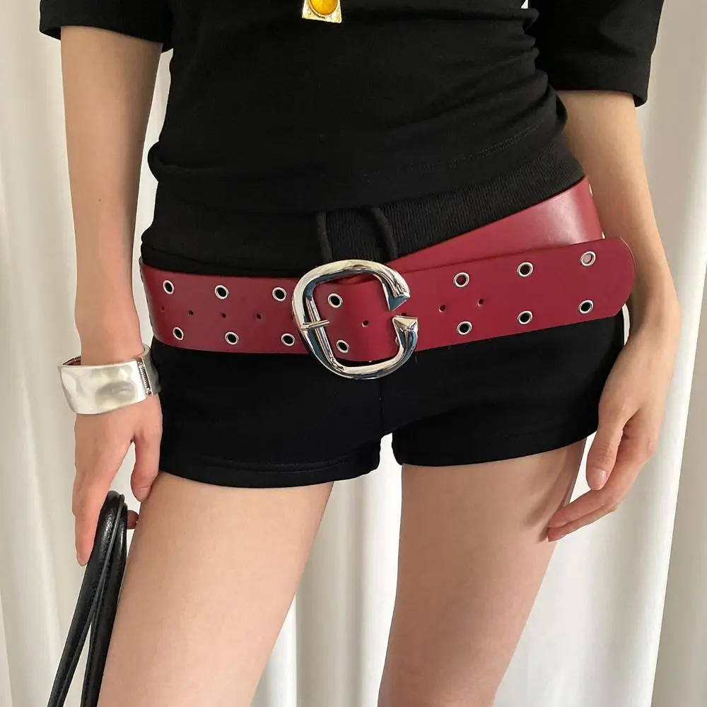 Fashion Double-Row Hole Women Wide Belt Vintage Metal Buckle Leather Waistband Jeans Girdle All Match Punk Style Belt Men