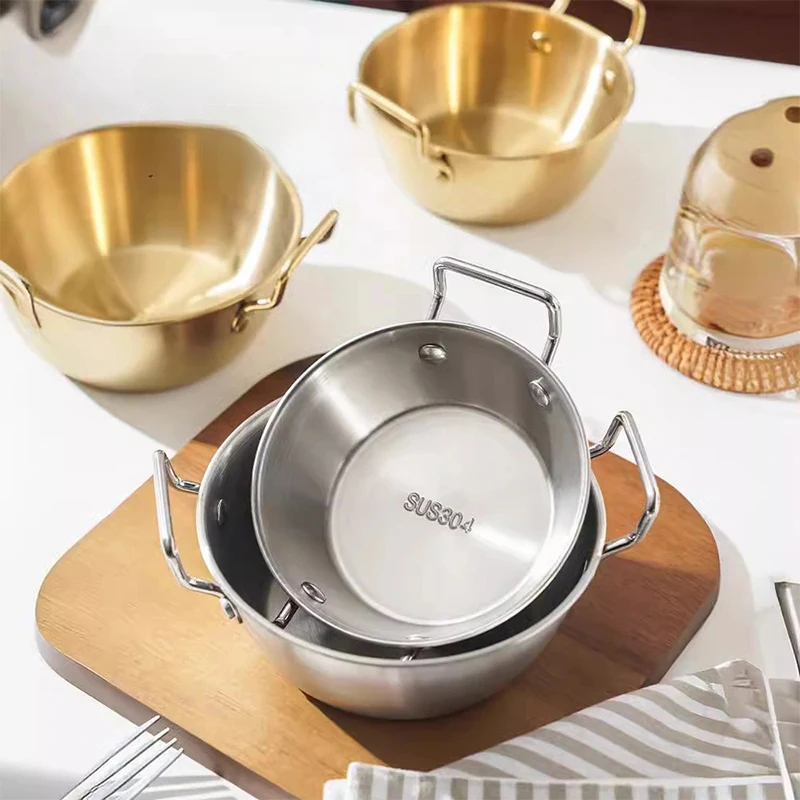 1 adet Kore Tarzı Salata Kasesi 304 Paslanmaz Çelik Altın/Gümüş Anında erişte kasesi Çift Saplı Aperatif ve Fransız Kızartma Kasesi