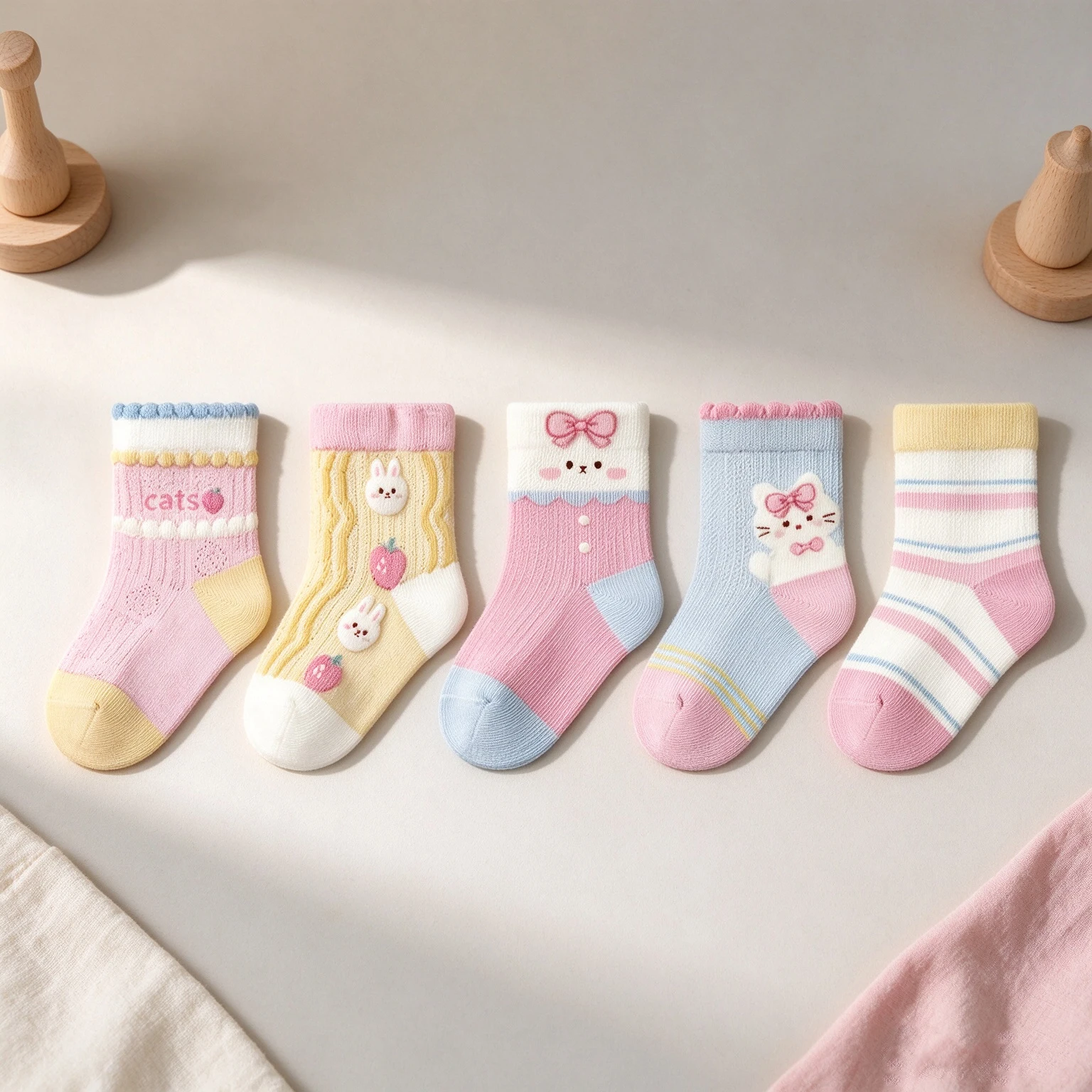5 Pairs Baby Girls Mid Calf Socks Cute 3D Applique Rabbit Cat Bow Strawberry Breathable Kids Socks for 0-4Y Toddler Girls