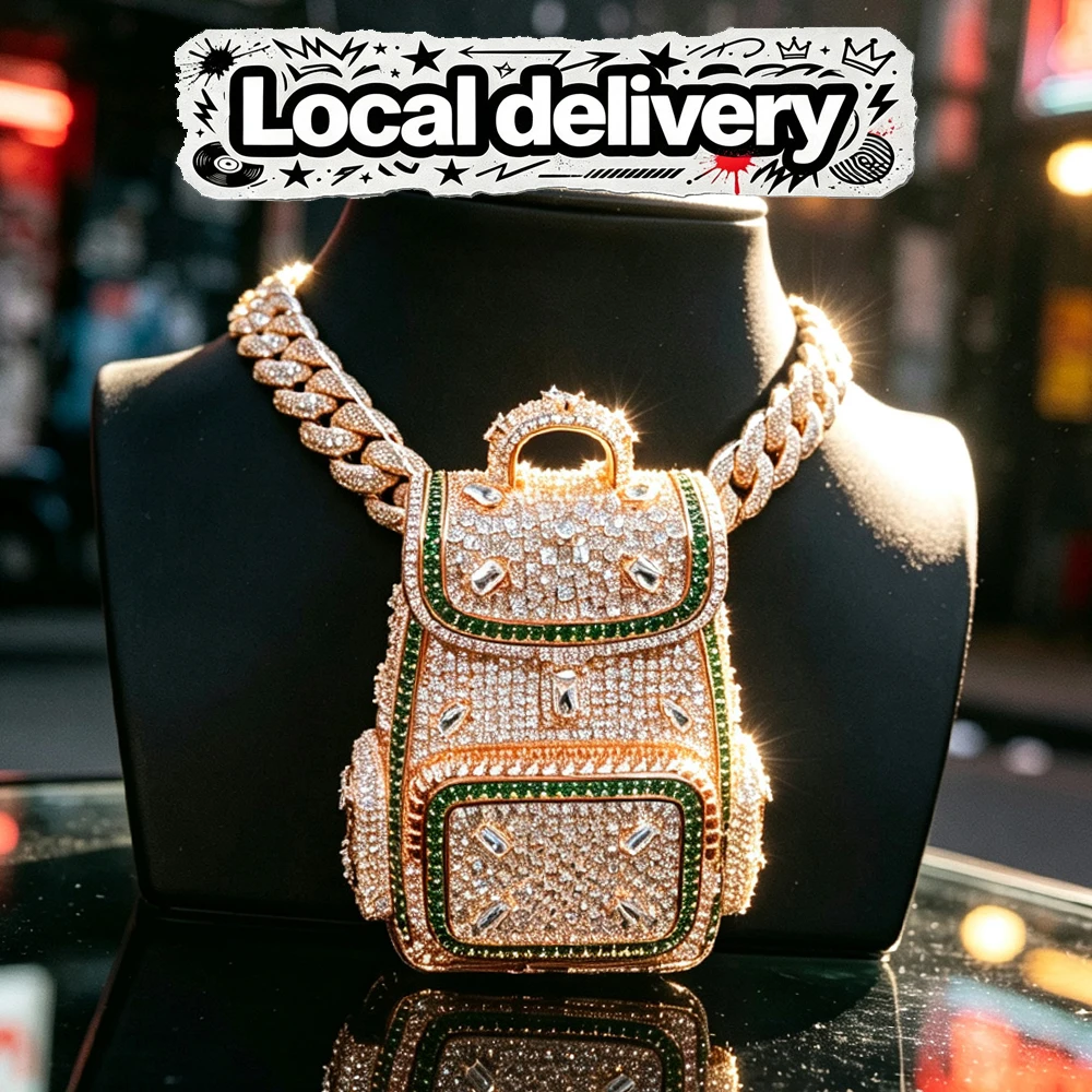 Colgante de Diseño de Bolsa de Dinero con Diamantes Completos, Joyería Fina, Regalos para Hombres y Novios, Circonita Cúbica Verde Transparente, Joyería Hip Hop, Amuleto de Bolsa de la Fortuna, Accesorios de Collar Brillante, Chapado en Oro Rosa de 18K, o Colgantes Mini Mochila Diarios para Hombres y Mujeres, Estilo Rap Club