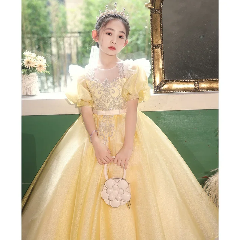 

Kids Wedding Champagne Dress for Girls Princess Tulle Dresses Teens Formal Show Party Pageant Ball Gown Children Sequins Clothes