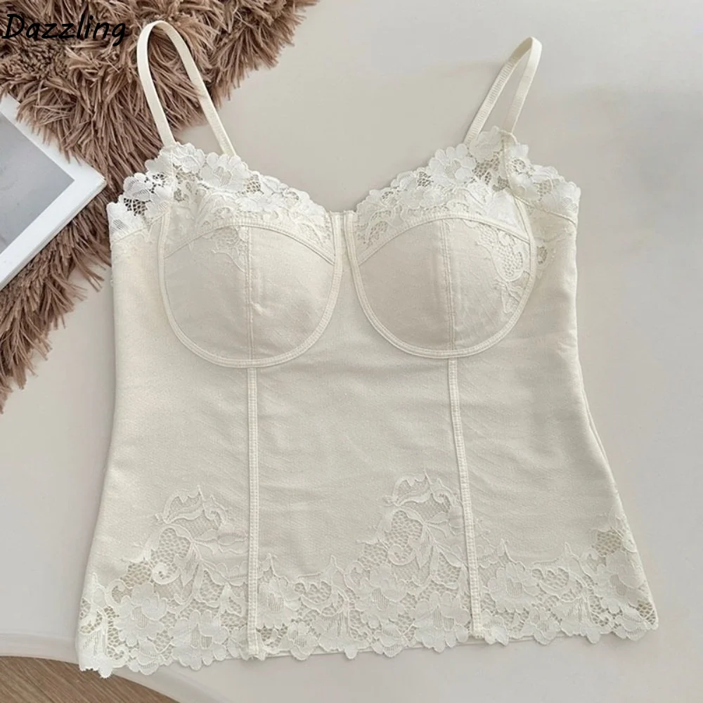 Tank Top French Style Lace Camisole Slim Fit Sleeveless Crop Tops Fishbone Flower Lace Corset Spring Summer
