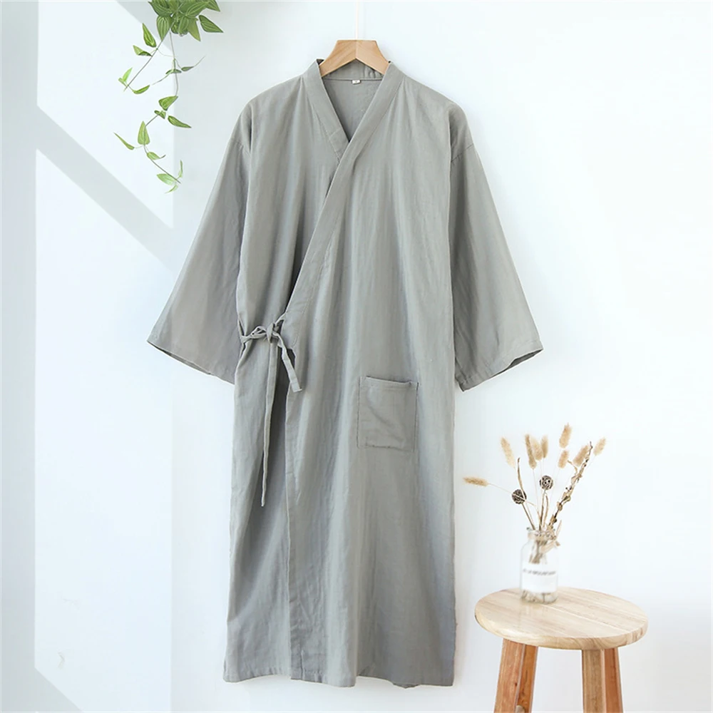 Japanese Style Kimono Bathrobe Men Breathable Nightgown Sleepwear Summer Cotton Lace-up Robe Loose Casual V-neck Pajama Homewear