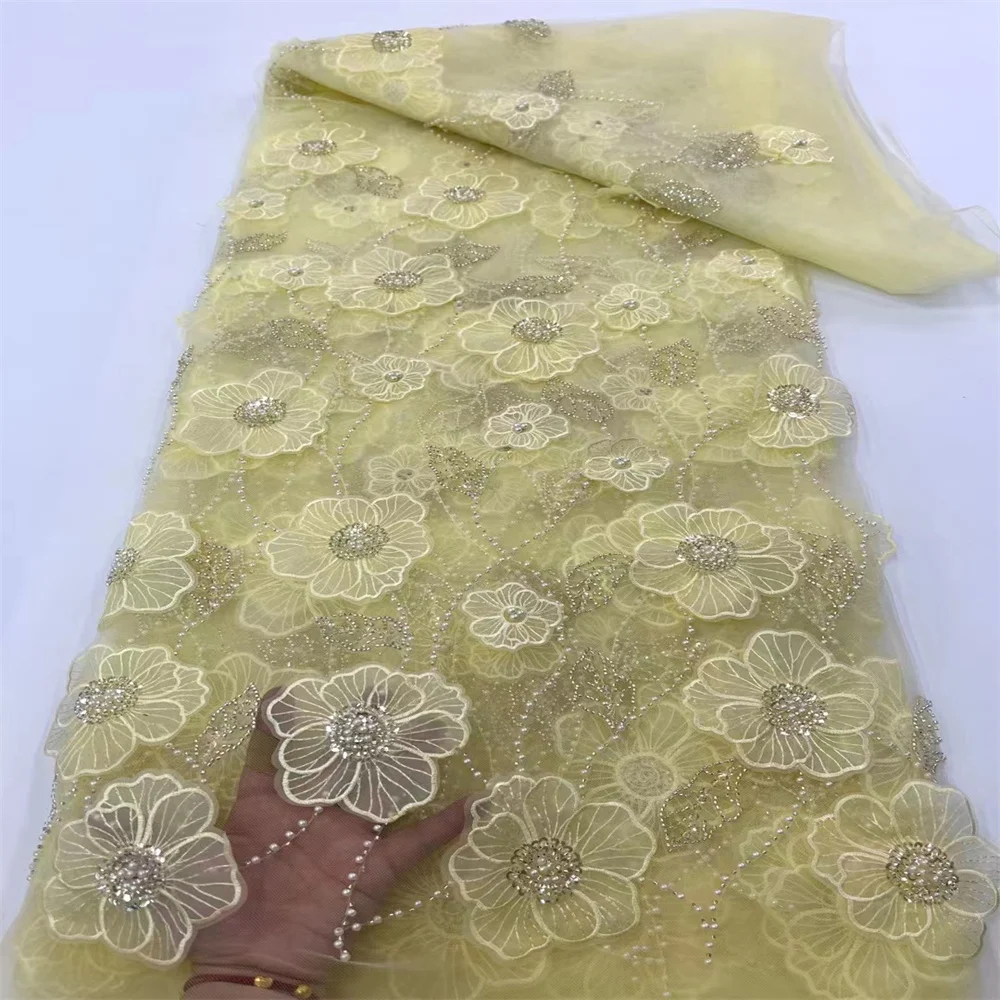 Tela de encaje africano dorado 3D, tejido bordado nigeriano con lentejuelas de alta calidad, tul francés con cuentas XC3502, 2023