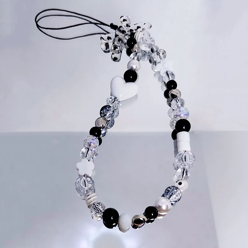 Black White Mobile Phone Charm Strap Chain Lanyard for Women Acrylic Bow Heart Glass Crack Beads Hot Girls Y2K Pendant Jewelry