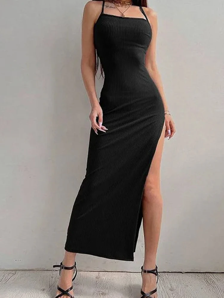 Seksowna sukienka letnia na ramiączkach spaghetti z odkrytymi plecami, bez rękawów, z wysokim rozcięciem, obcisła, elegancka sukienka wieczorowa na imprezę, vestidos