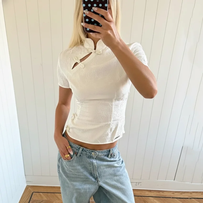 Linad Chinese Style White Print Stand Collar Blouse 2026 Vintage Short Sleeve Shirts Female Street Chic Hollow Out Tops Women