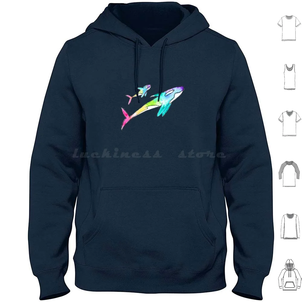 Whale Whale Whale..... Hoodies Long Sleeve Orca Whale Killer Ocean Rainbow Hand Painted Pen Ink Bright Neon Beach Lover