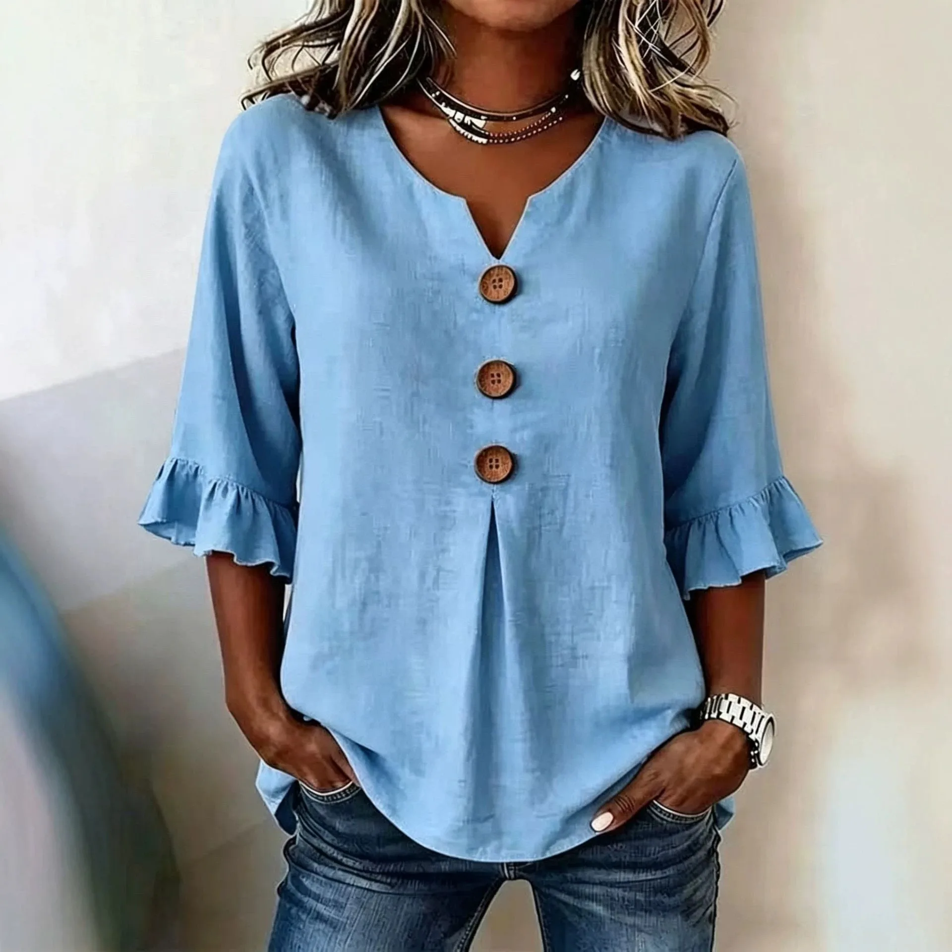 V Neck Button Front Blouse Regular Fit Casual with Short Sleeve Petal Sleeve Wrinkle Detail Pull on Regular Length Women Blouse 3