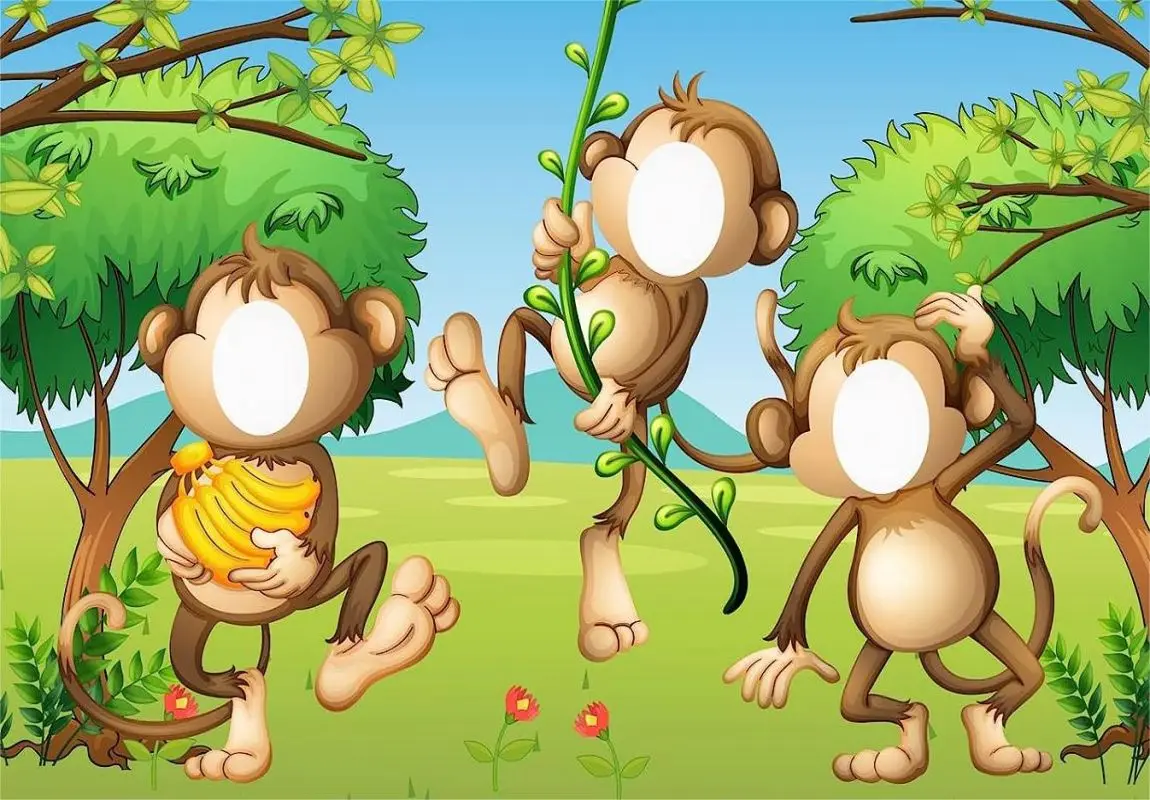 Cute Cartoon Monkey Picking Banana Banner Backdrop Jungle Animals Wild Background Birthday Party Decoration Photo Booth Props