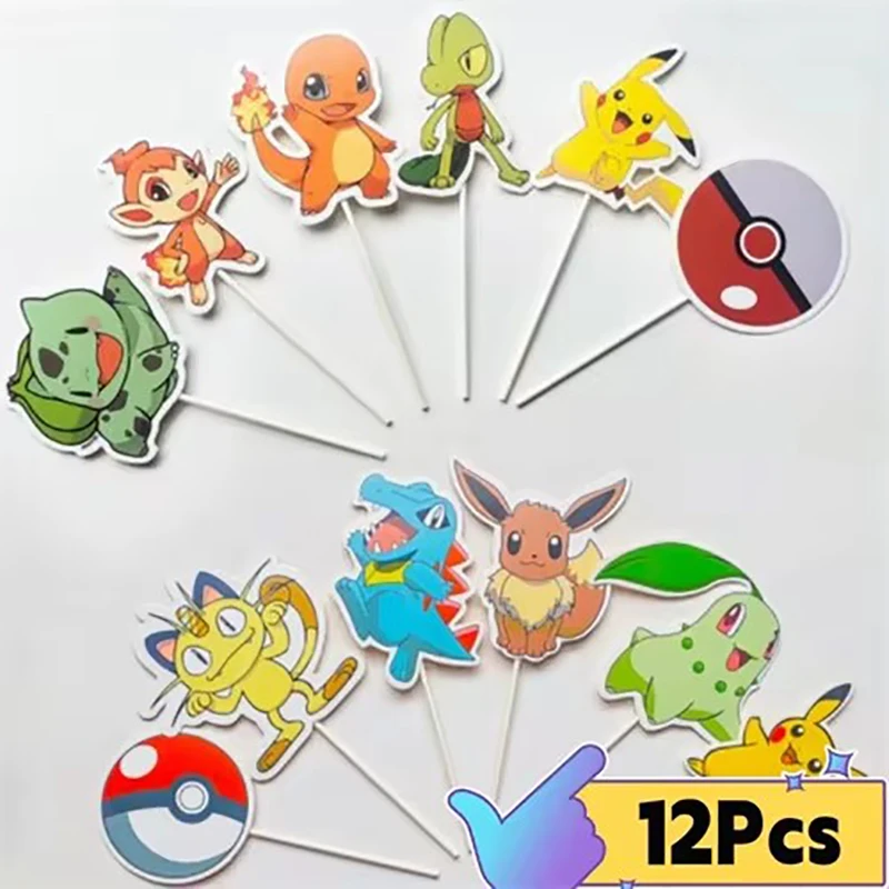 24pack Pokemon Cake Topper Happy Birthday Party Supplies Pikachu Cake Cupcake Toppers Cake Flag for Baby Shower Party Decoration