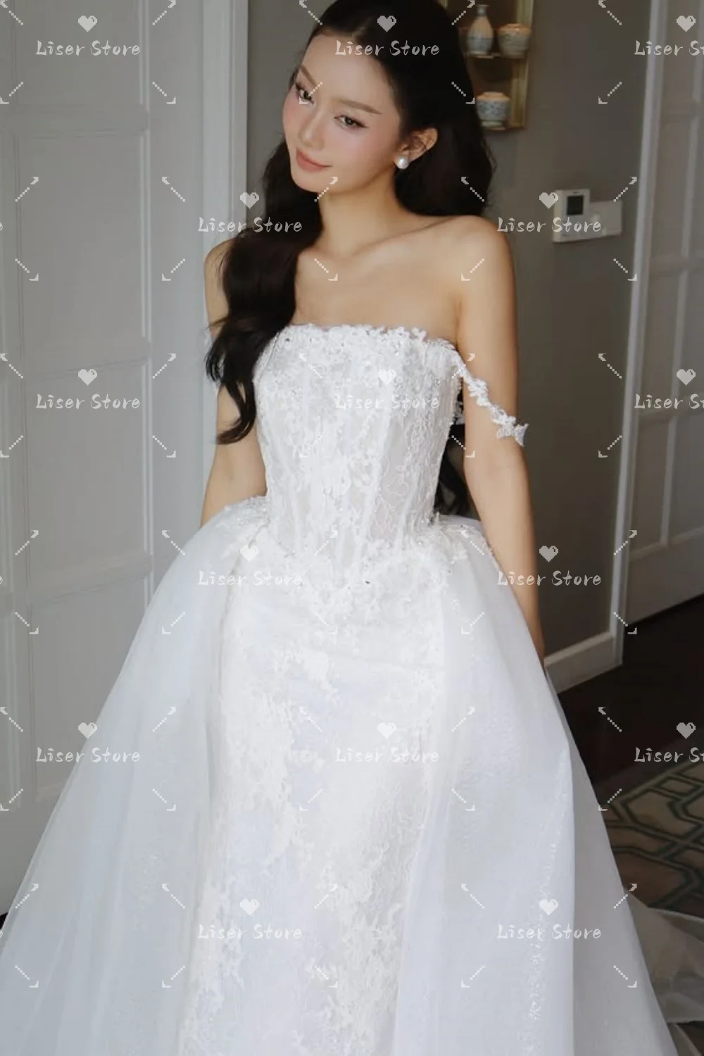 Liser Exquisite Sleeveless Strapless Wedding Dress Off Shoulder A-line Floor-Length Korea Wedding Dress Photo Shoot Customizeedd