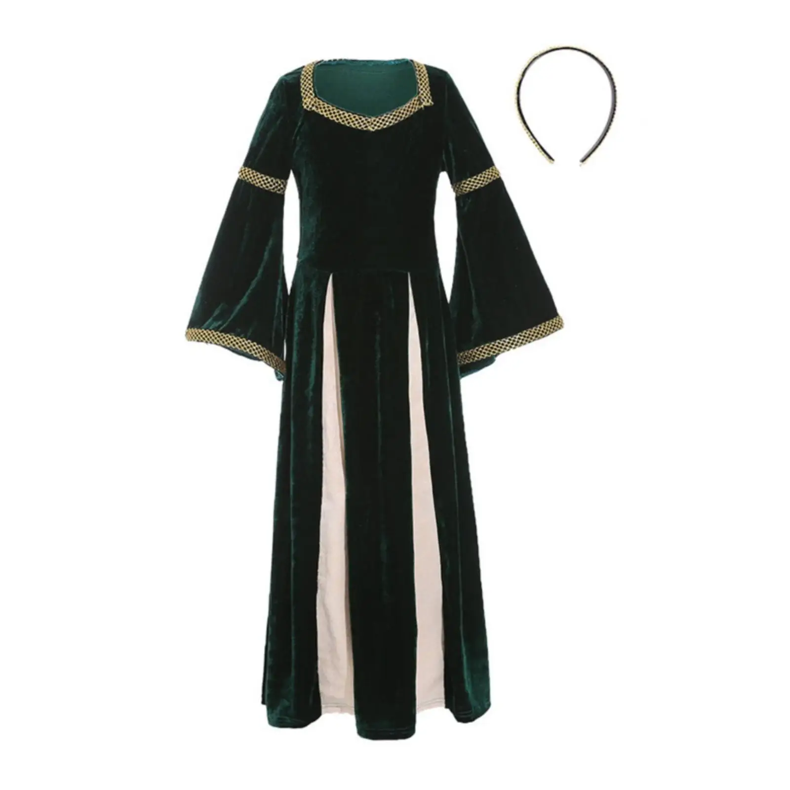 Women Costume Girls Renaissance Dress Velvet Medieval Gown Long Square Neckline Bell Sleeve Gold Trim Historical Clothing