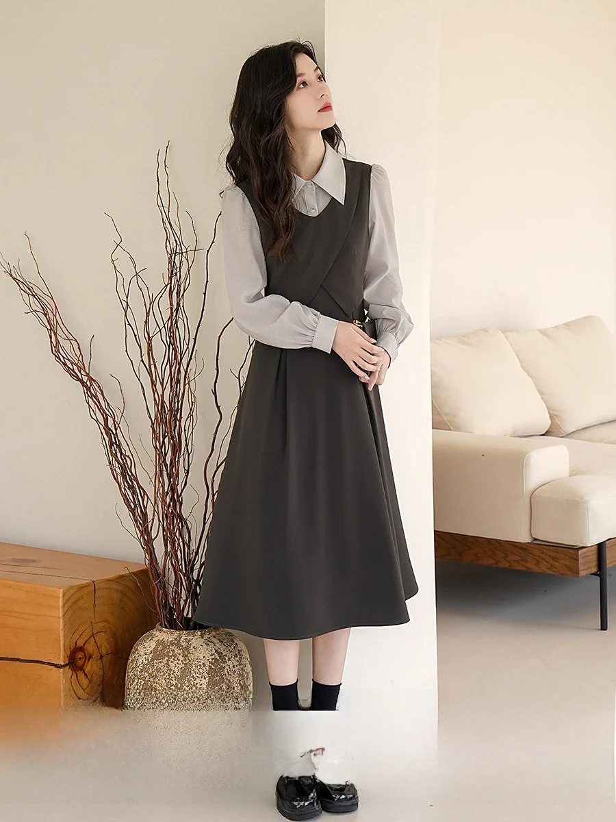 

Wooden Easy College Commuter Shirt Dress Women's New 2026 Spring High Waist A-Line Dress Collar Long Sleeve Zipper Closure
