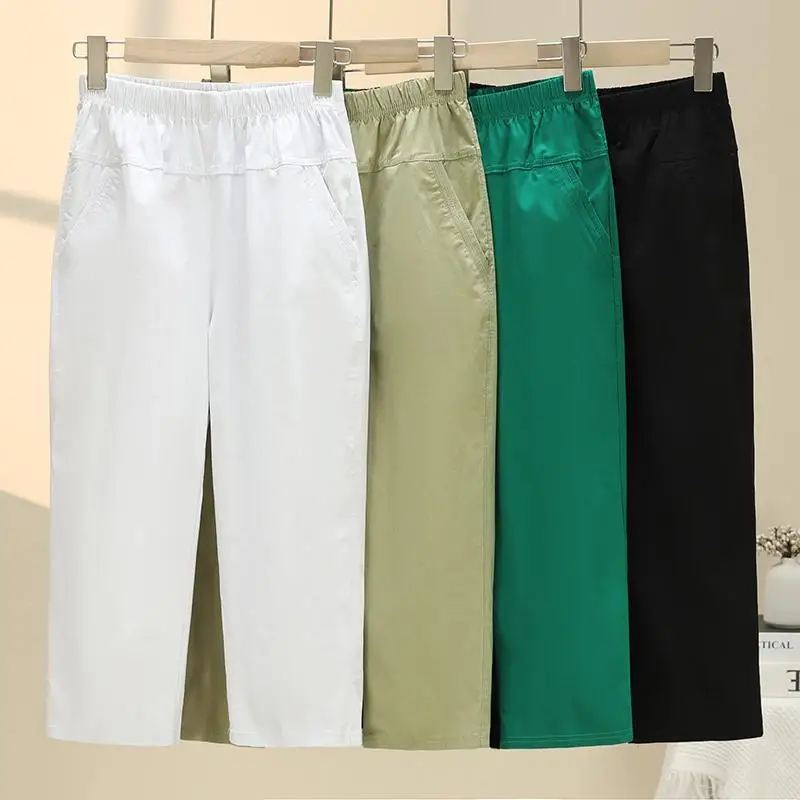 

Эластичные тонкие повседневные женские брюки-капри с высокой талией, свободные, прямого кроя, из смесового полиэстера и хлопка, удобные летние брюки