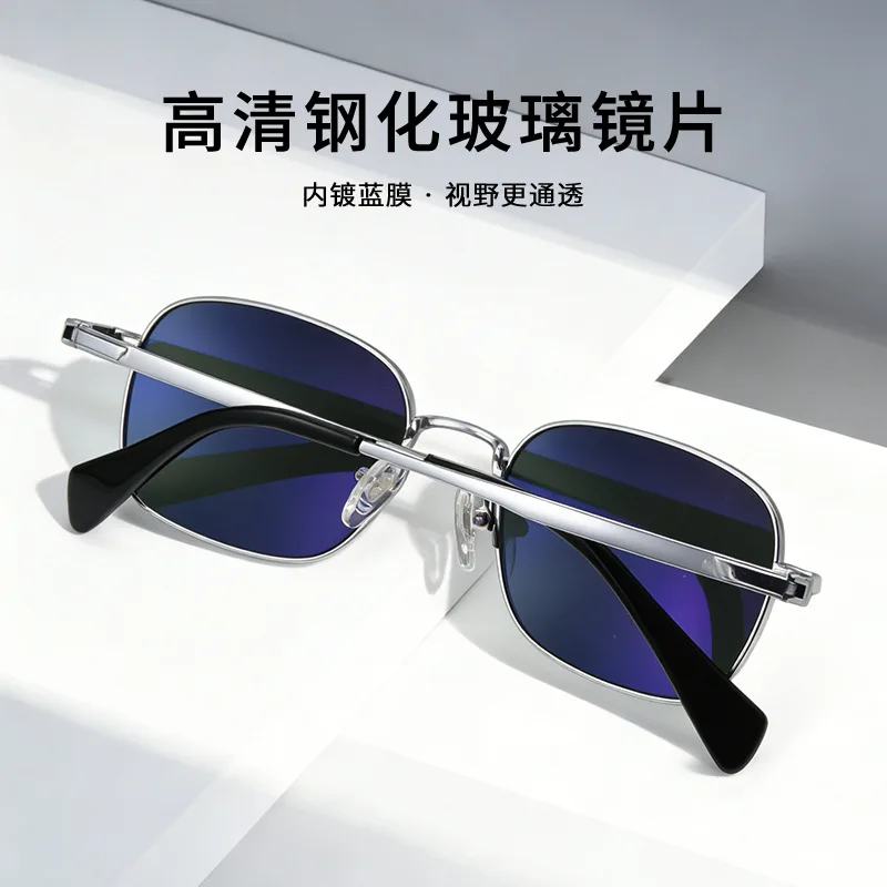 Men Pure Titanium Full Frame Square Polygonal Vintage Sunglasses Anti Scratch HD Glass Lens UV400 Driving Eyewear
