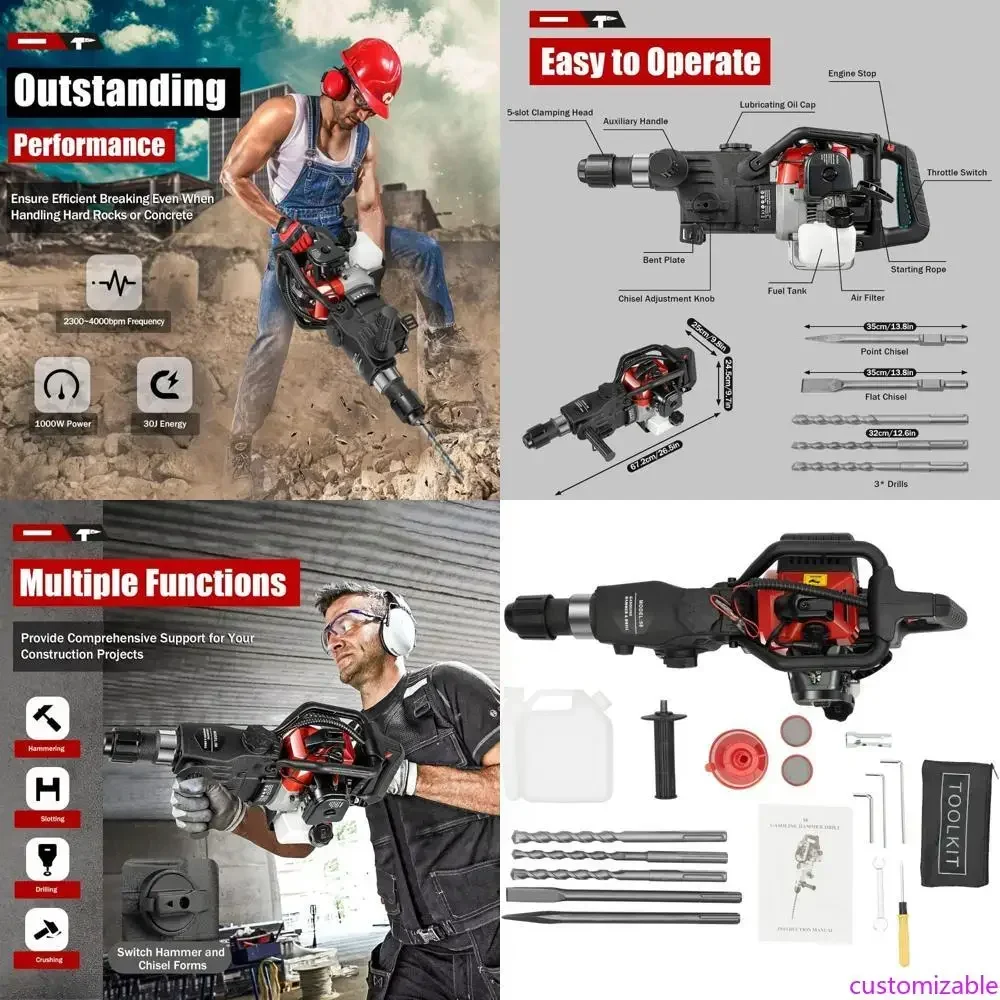 

BestsellerPowered 1000W Jack Hammer for Concrete Drilling, 33cc 2-Stroke Hammer Drill