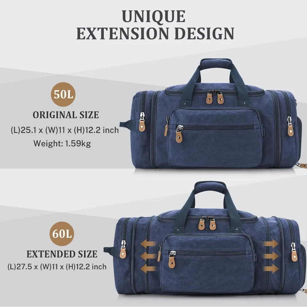 حقيبة سفر من القماش الخشن بسعة كبيرة سعة 60 لترًا مع جيب للأحذية - مثالية لرحلات عطلة نهاية الأسبوع وضحاها باللون الأزرق
