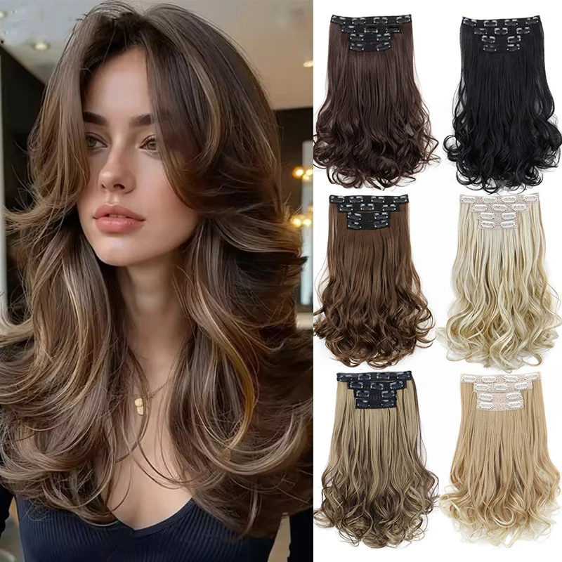 Synthetic 11 Clips Clip In Hair ExtensionShort Hair Heat Resistant Hairpiece Natural Wavy Ombre Hair Piece  for Women