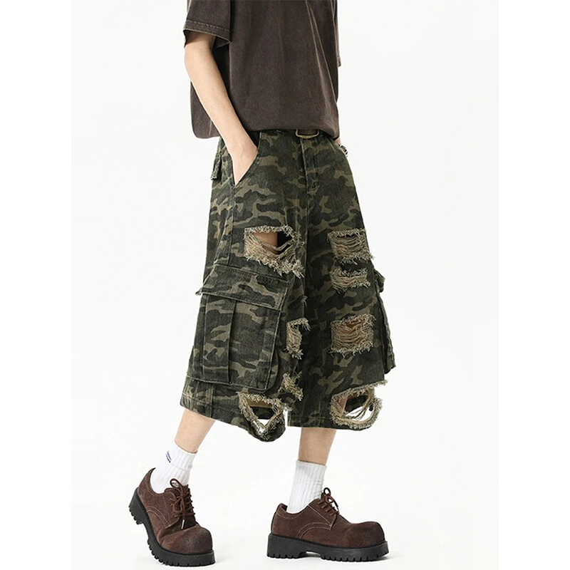Damskie jeansy Y2K w stylu streetwear, luźne, z dziurami, letnie, amerykańskie, eleganckie spodnie cargo w stylu high street.