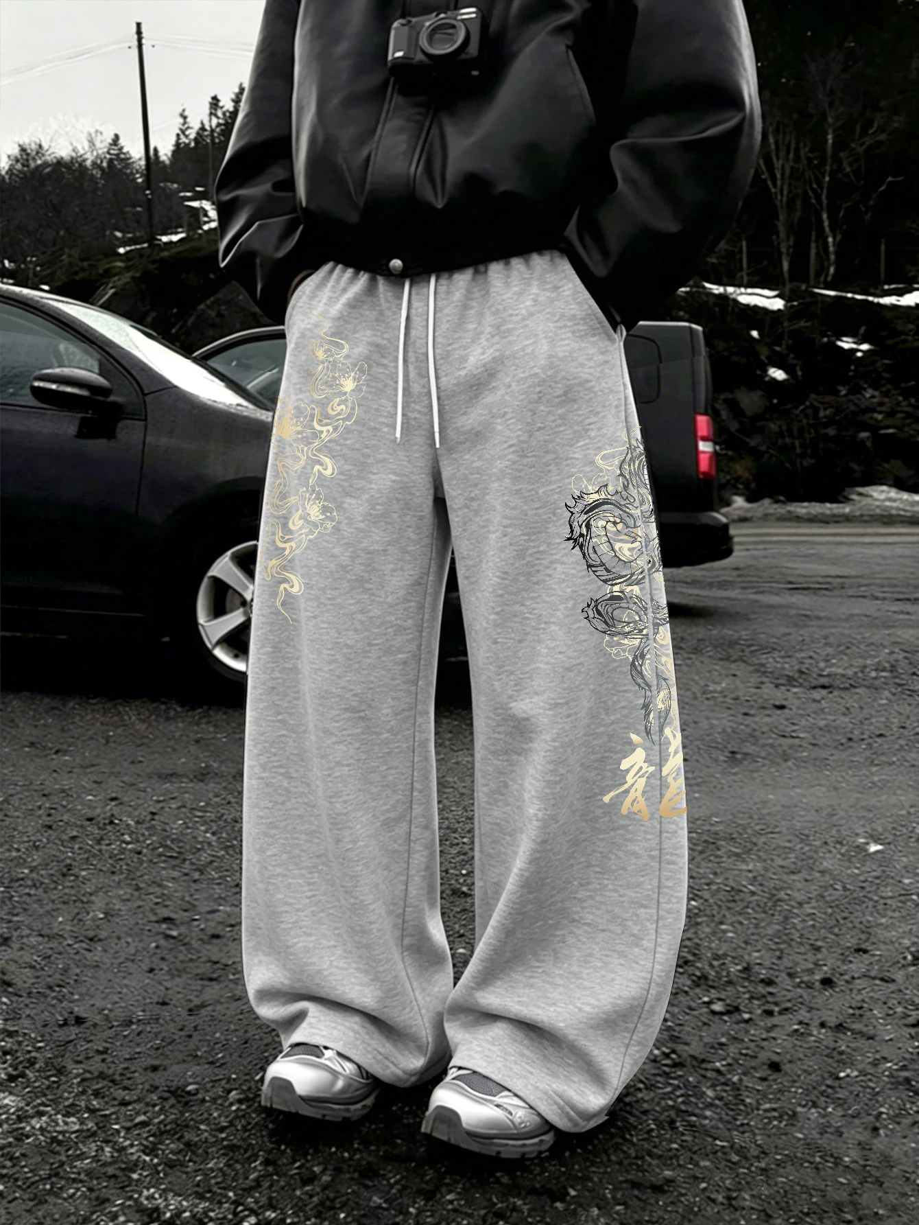 

Men Golden Ink Lotus Dragon Chinese Calligraphy Wide Leg Sweatpants Drawstring Soft Asian Street Loose Trousers