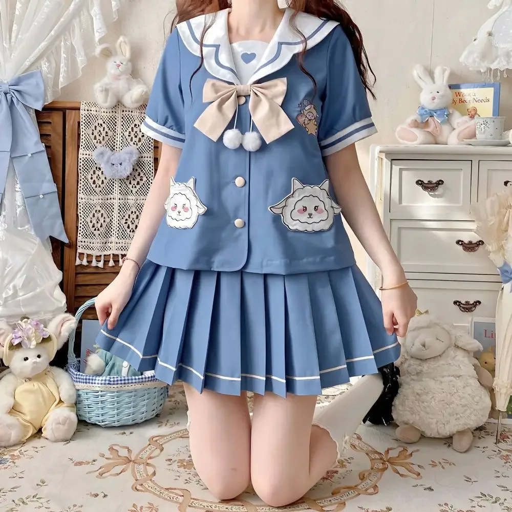 Blue and White Cartoon Sheep Pattern Kindergarten Style Cute JK Uniform Sailor Suit Short Sleeves Long Sleeves Student Woman