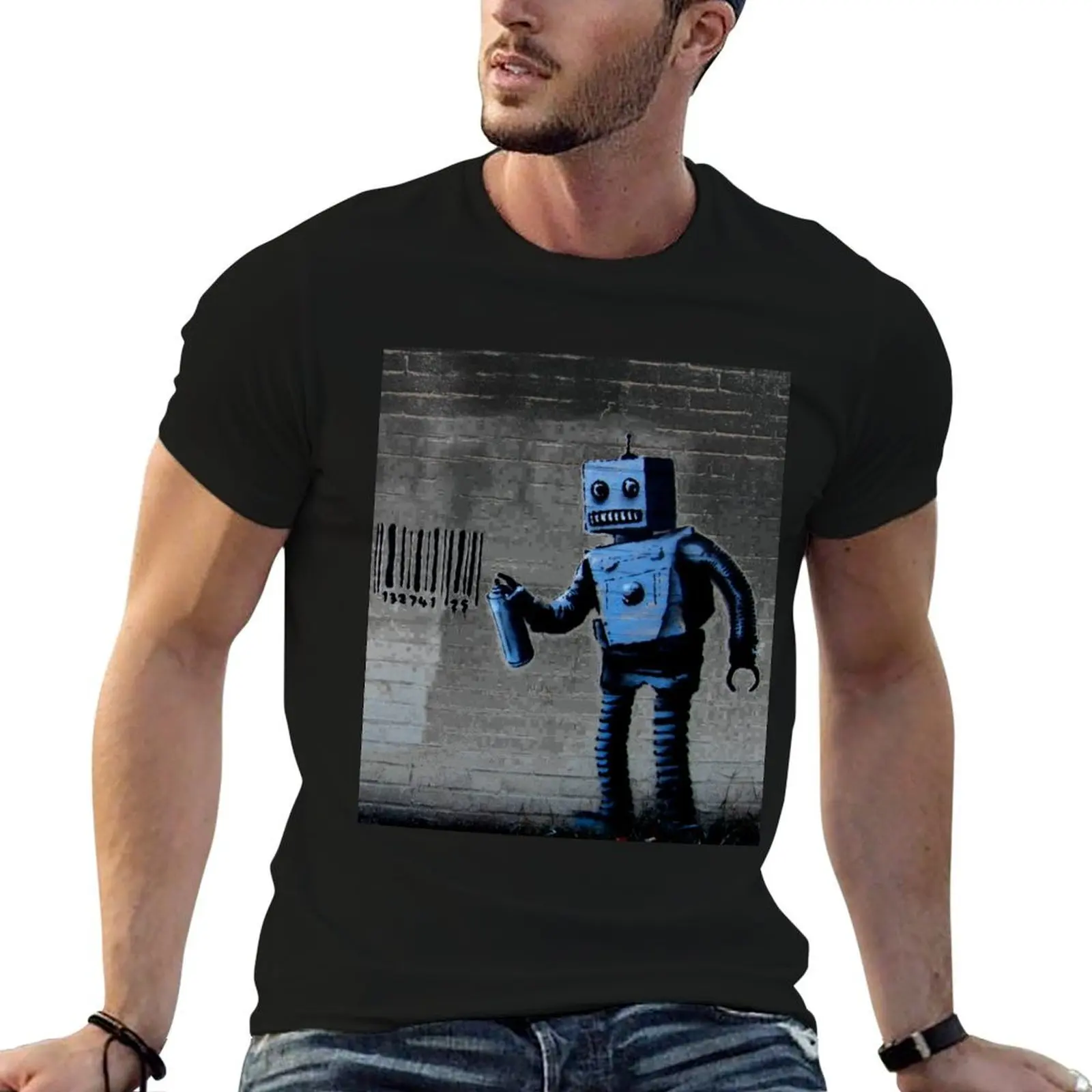 Футболка GRAFFITI ROBOT BARCODE BANSKY, рабочая футболка с короткими рукавами