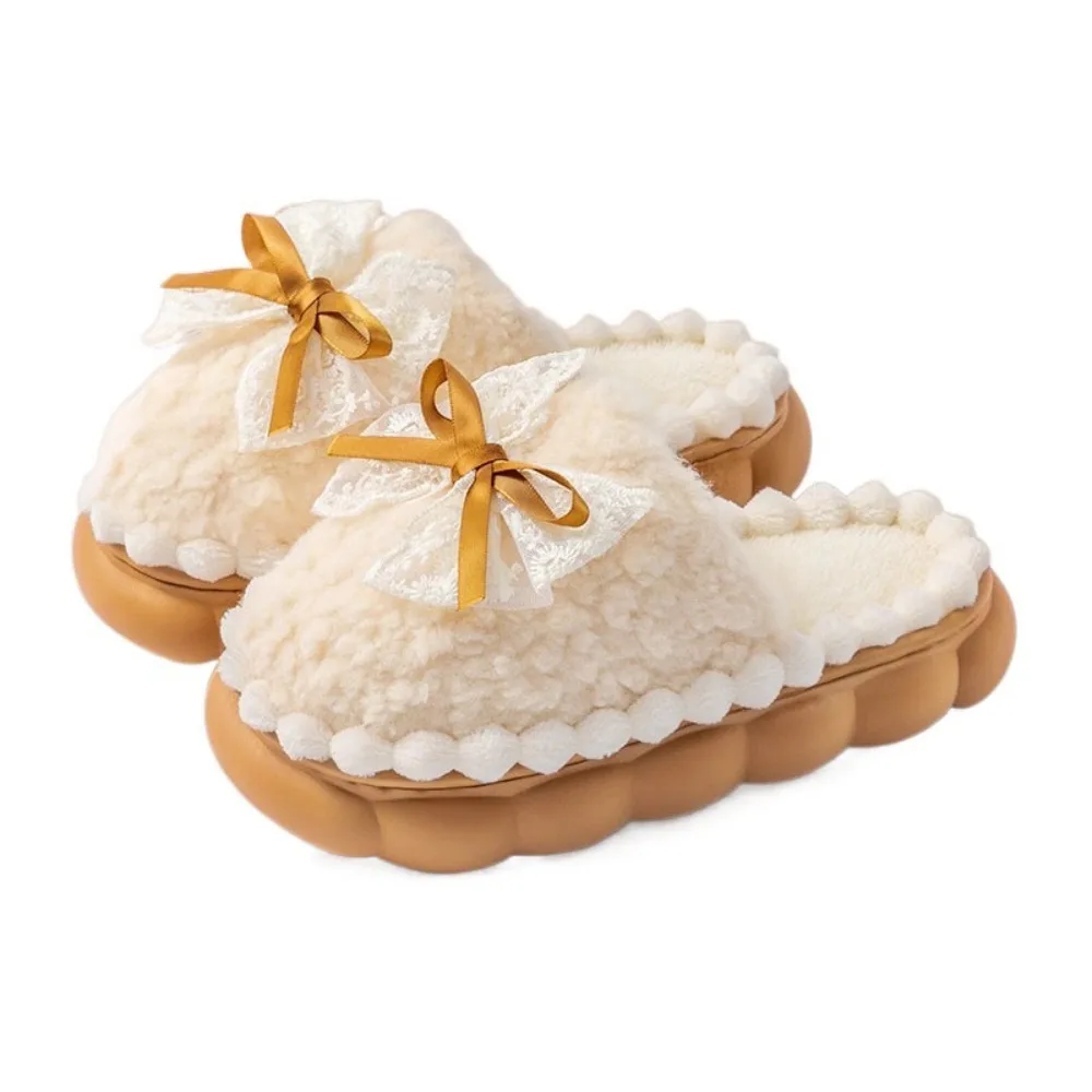 

Comfortable Lace Bow Plush Bowtie Slippers Non-slip Sweet Thick Warm Slippers Household Thick-soled Home Indoor Shoes Winter