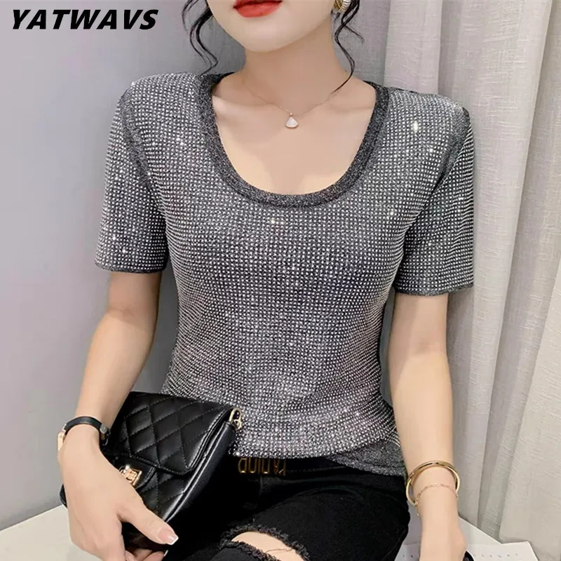 

Summer Streetwear Girl Luxury Hot Drill Slim Fit T-Shirt Fashion Temperament O-Neck Short Sleeve Shiny Diamonds Women's Tees Top