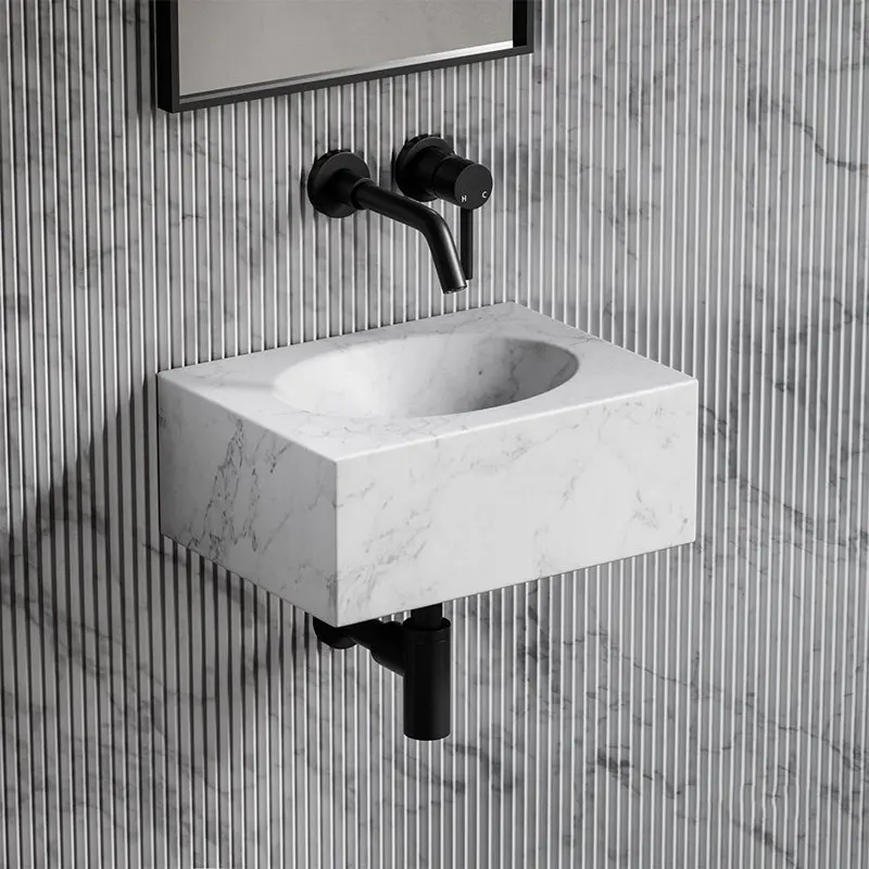 Natural beige limestone modern washbasin, wall-mounted square smooth polished surface small apartment bathroom sink
