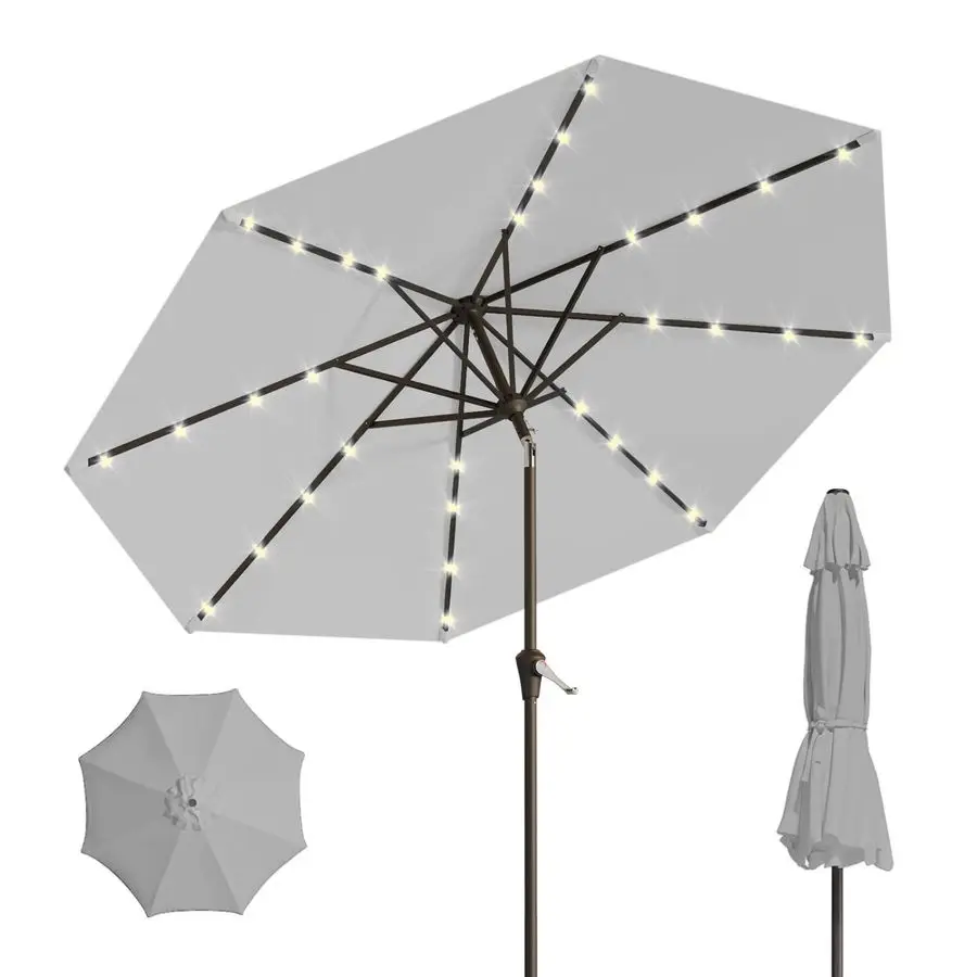 

9FT Solar Umbrella 32 LED Lighted Patio Umbrella Table Market Umbrella w Tilt and Crank, UVResistant Outdoor Umbrella for Pool,