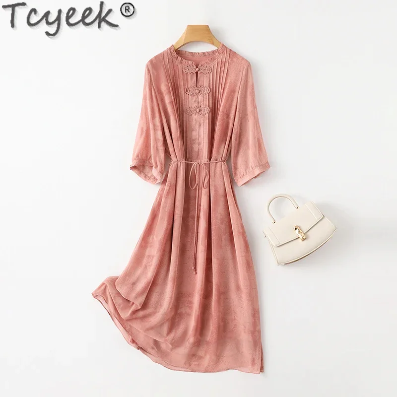 92% Tcyeek Mulberry Women's Spring Summer Midi Loose Waist Elegant es for Women Clothes Real Silk Dress