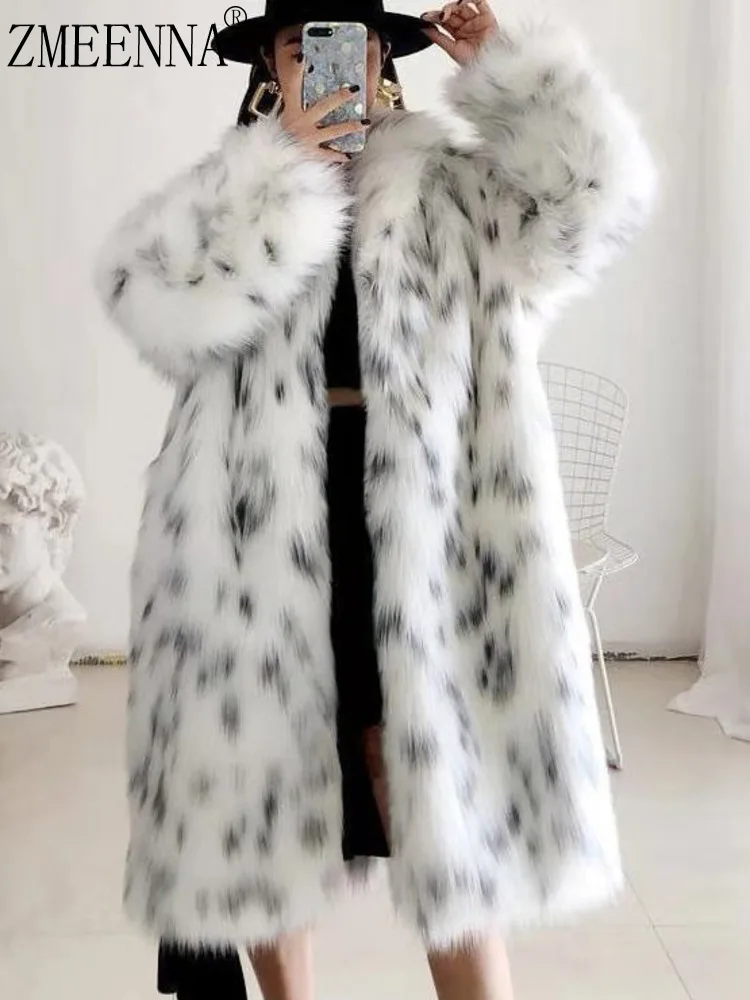 

ZMEENNA Stylish Women's White Faux Fur Long Coat With Black Spot Print Warm Winter Outerwear Trendy Oversized Jacket ZM3514