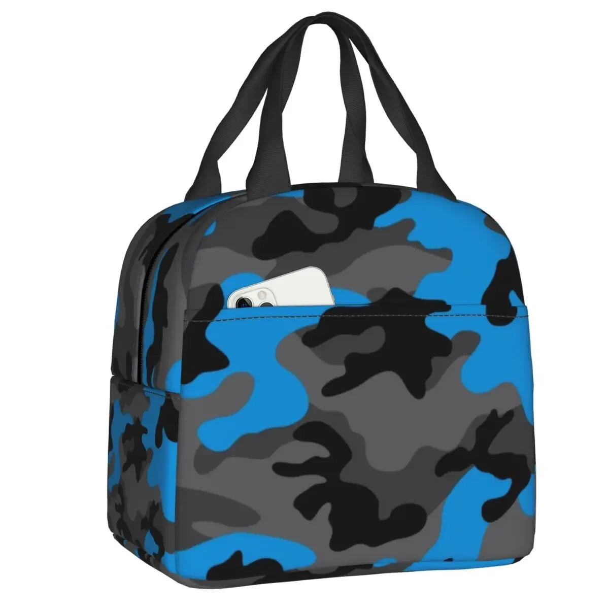 Blue Neon And Grey Camo Camouflage Pattern Insulated Lunch Bags for School Office Portable Thermal Cooler Bento Box Women Kids