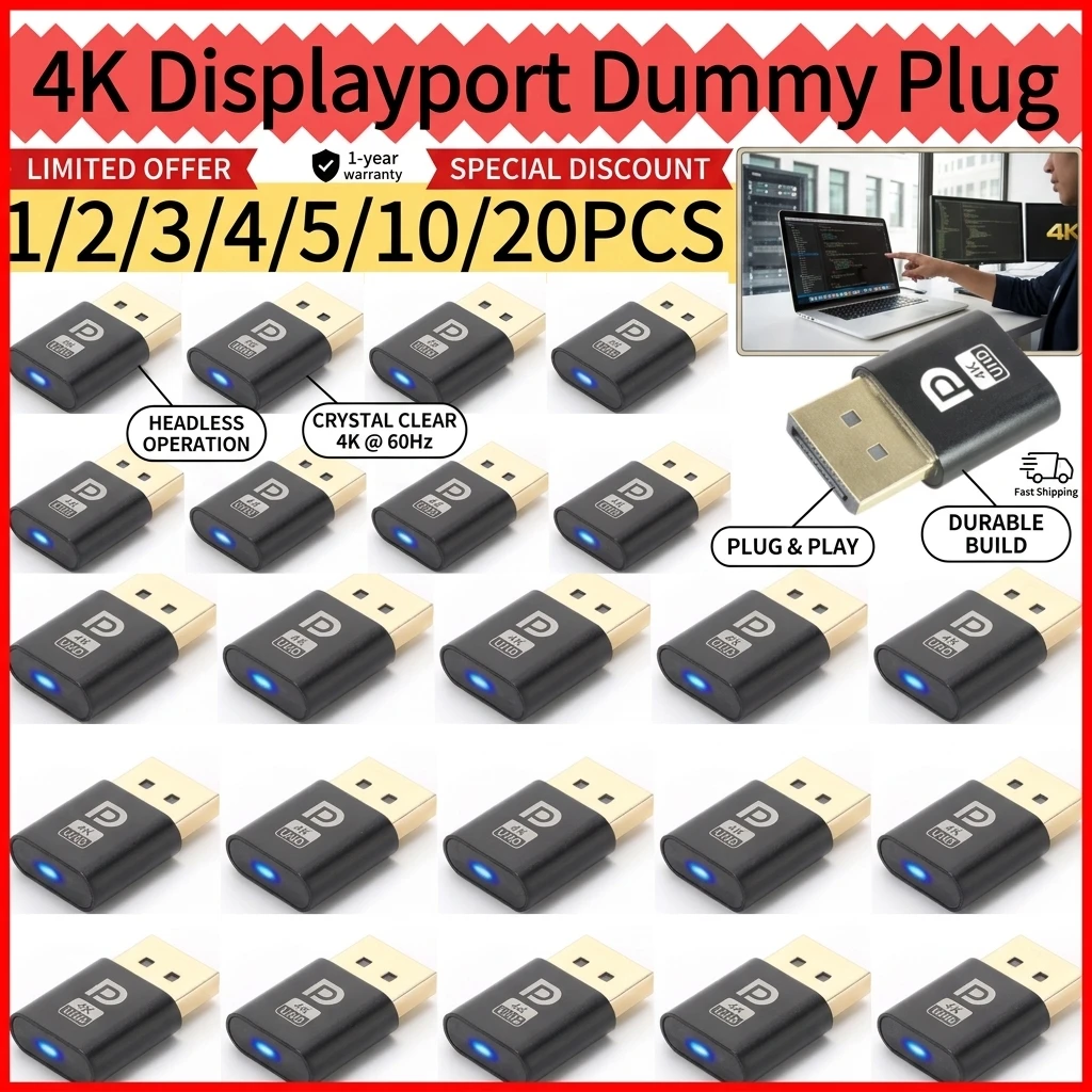 20PCS 4K Displayport Dummy Plug DP Virtual Display Adapter - EDID Headless Emulator - Ghost Plug for PC - Desktop Accessories