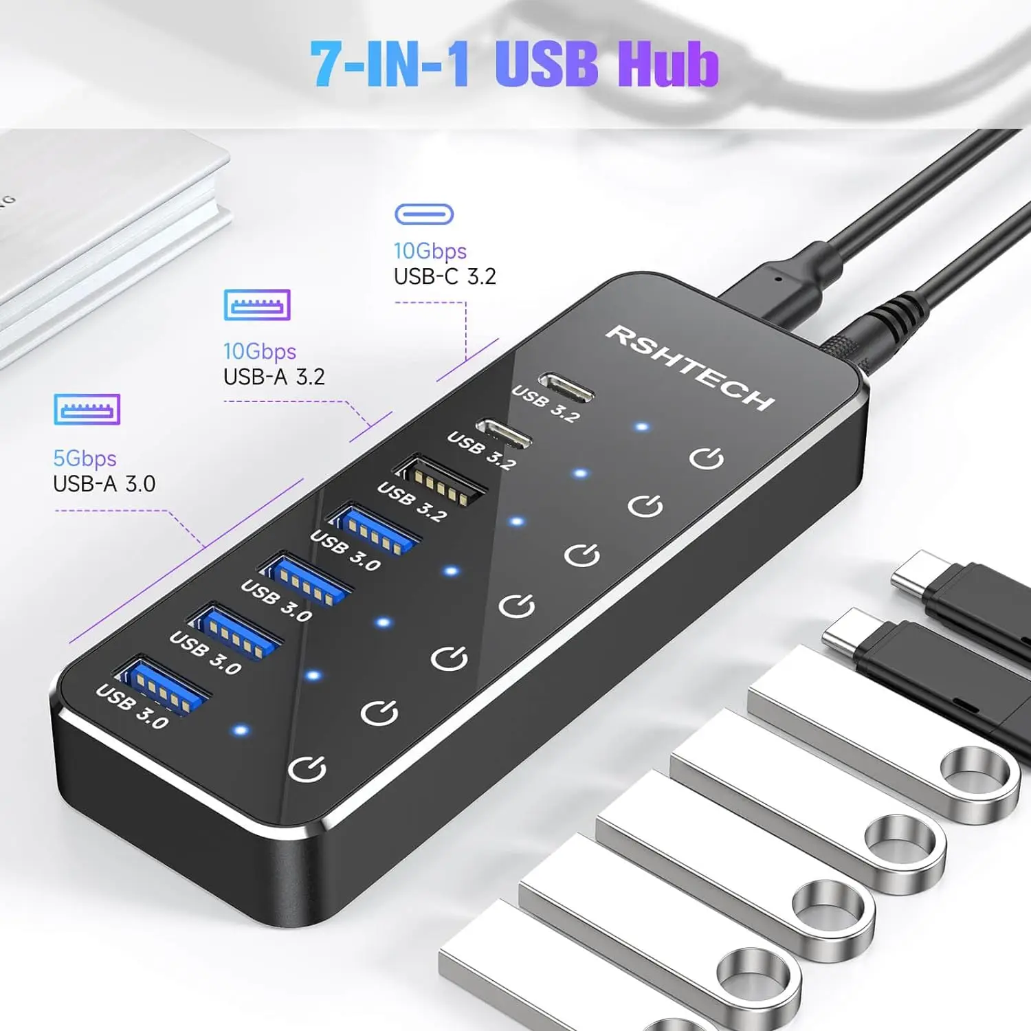 Imagem -04 - Rshtech Usb c Hub Usb3.2 Gen Tipo-c Expansor Interruptores de Toque Individuais Multiport Usb Hubs Divisor para Portátil Macbook