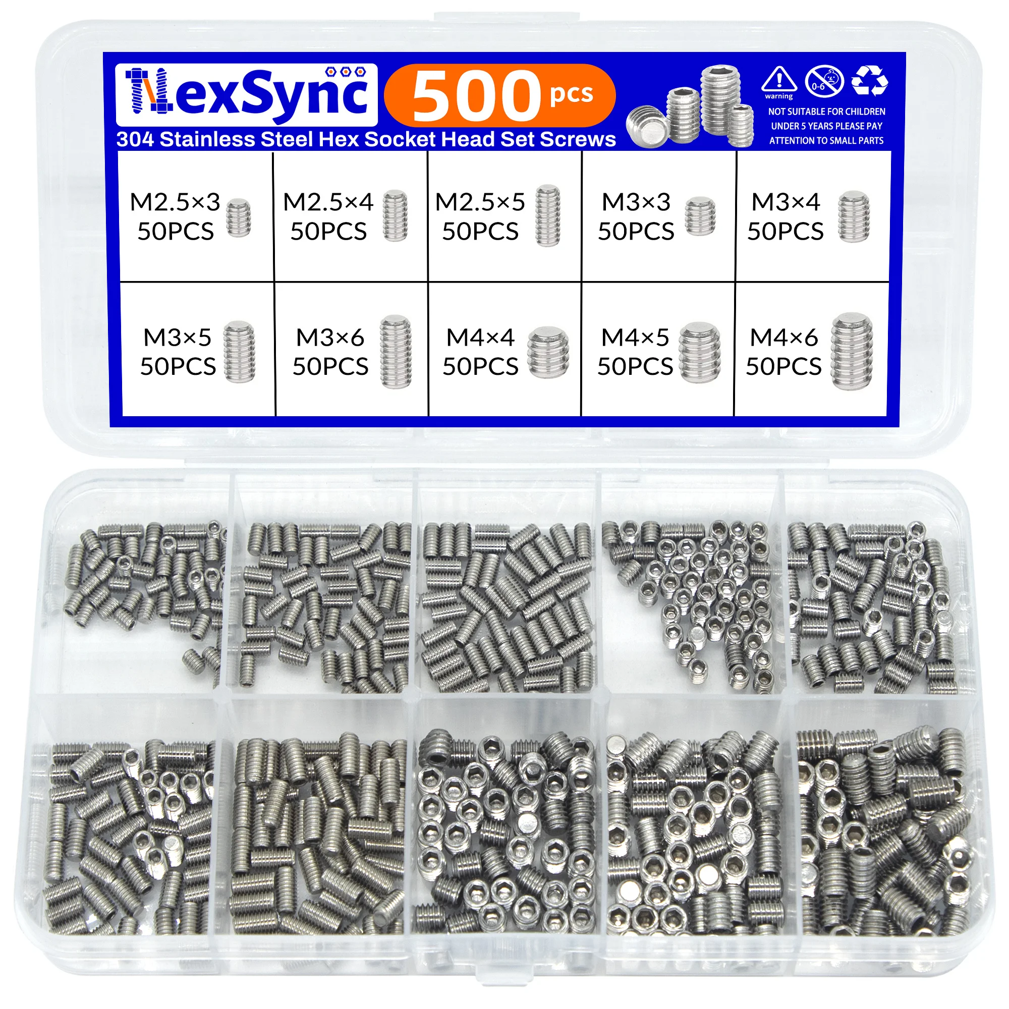 500 Stück M2,5 M3 M4 304 Edelstahl Sechskant Innensechskant Inbus Flachspitze Madenschraube Stellschraube Kit Box