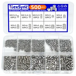 500pcs M2.5 M3 M4 304 Stainless Steel Hex Hexagon Socket Allen Flat Point Grub Bolt Set Screw Kit Box