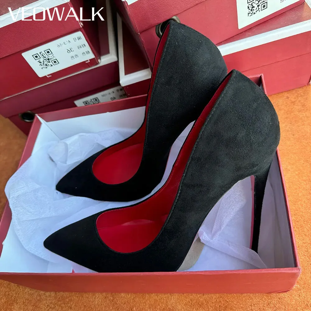 

Женские туфли-лодочки на шпильке Veowalk, черные туфли из флока с острым носком на высоком каблуке 8 см, 10 см, 12 см, на заказ