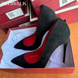 Veowalk Customize Black Flock Women Sexy Red Pointy Toe High Heel Shoes Elegant OL Lady Work Stiletto Party Pumps 8cm 10cm 12cm