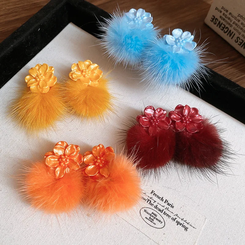 Multicolours Flower Stud Earrings Cute Plush Ball Pompoms Earrings for Women Winter Fashion Ear Jewelry Birthday Gifts