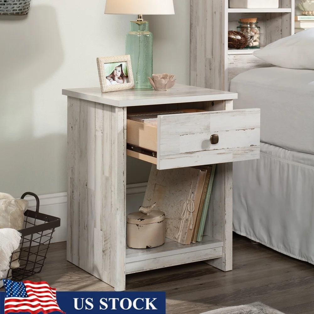 

Rustic Nightstand with Drawer and Open Shelf White Plank Finish Farmhouse Style Easy Assembly Storage Solution Bedroom