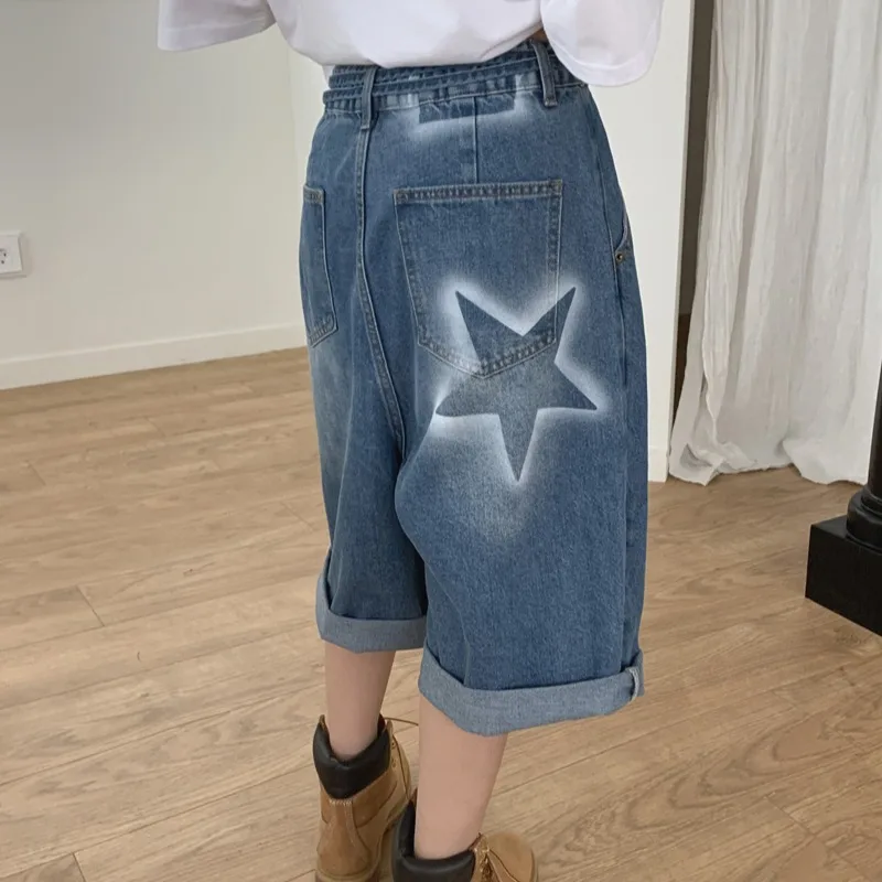 Summer 2026 Chic Vintage Star Washed Tie Waist Cuffed Denim Shorts Women's Loose Fit Natural Waist Cotton Blend Blue Jeans